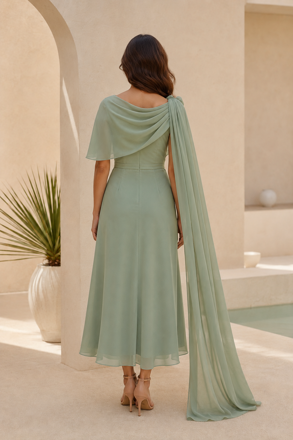 Cape Sleeve Cowl Neck Tea-Length Chiffon Dress