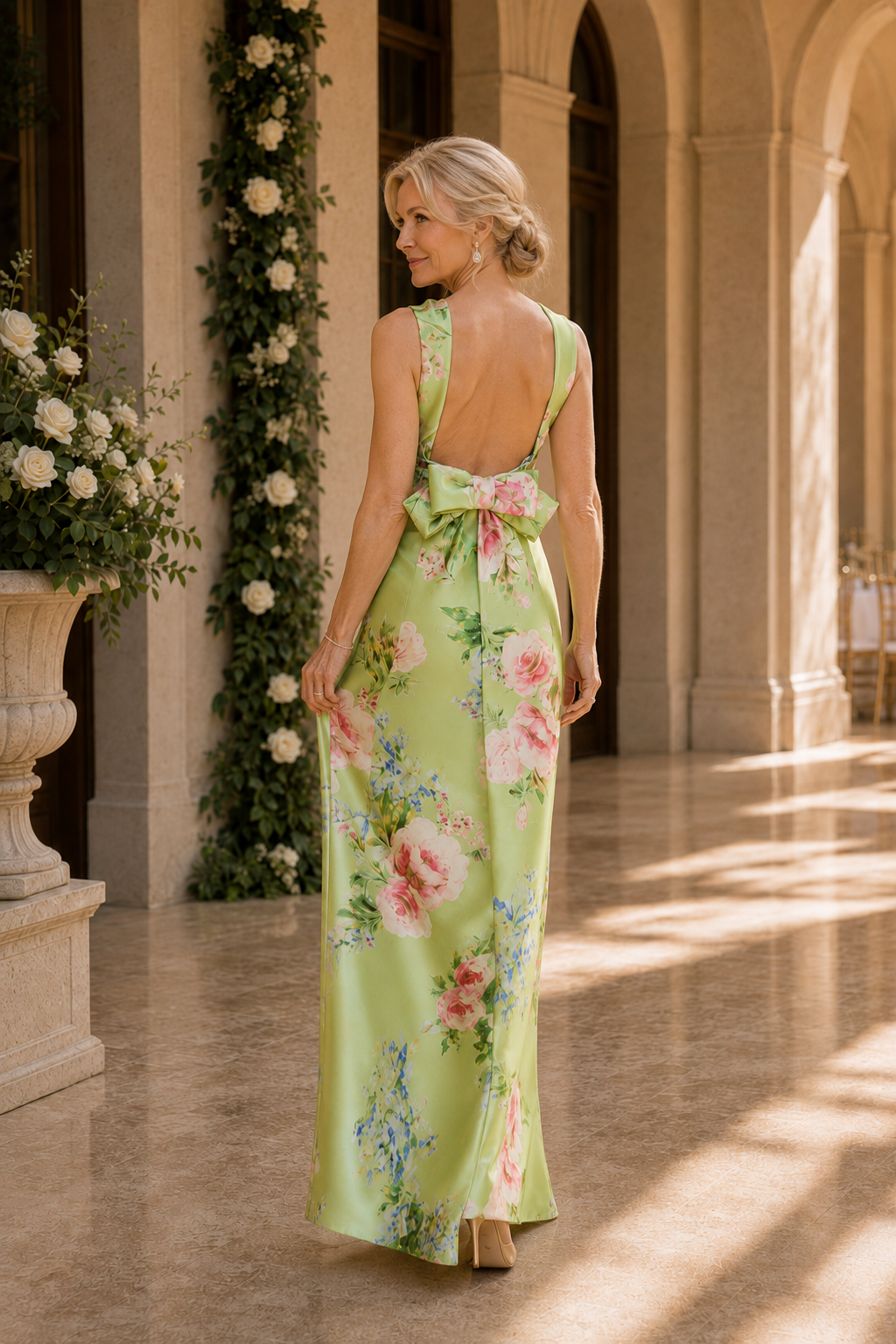Floral Print High Neck Maxi Dress with Bow
