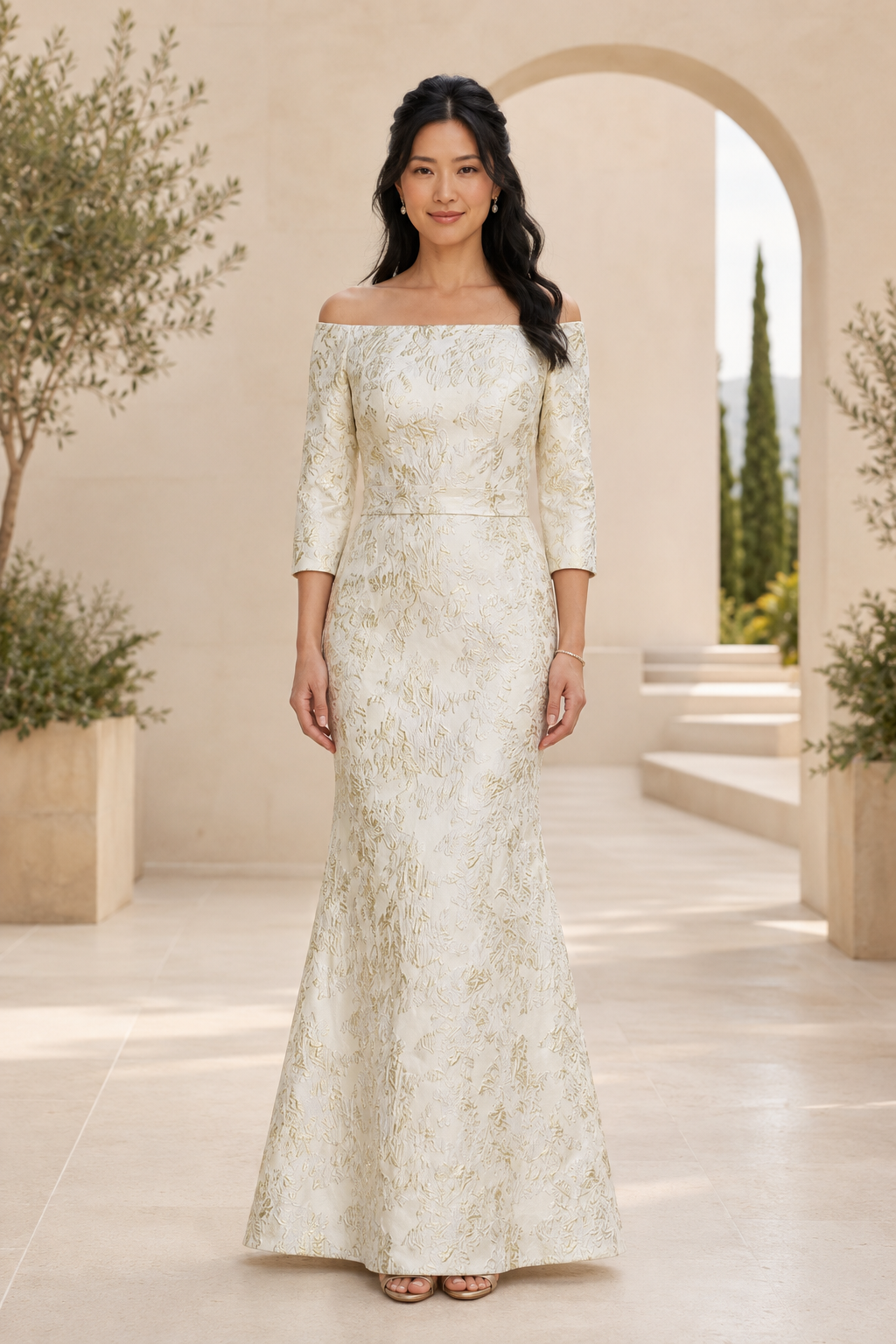 Off-the-Shoulder Metallic Jacquard Mermaid Gown