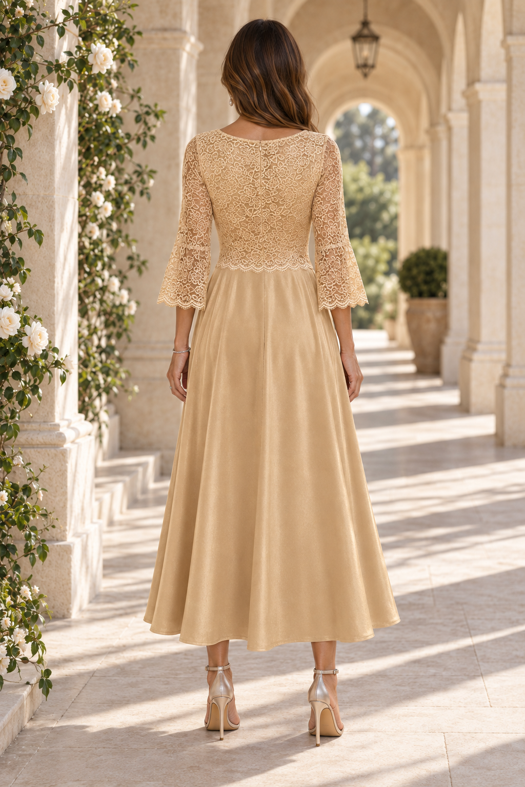 Lace Bodice Bell Sleeve A-Line Tea-Length Dress