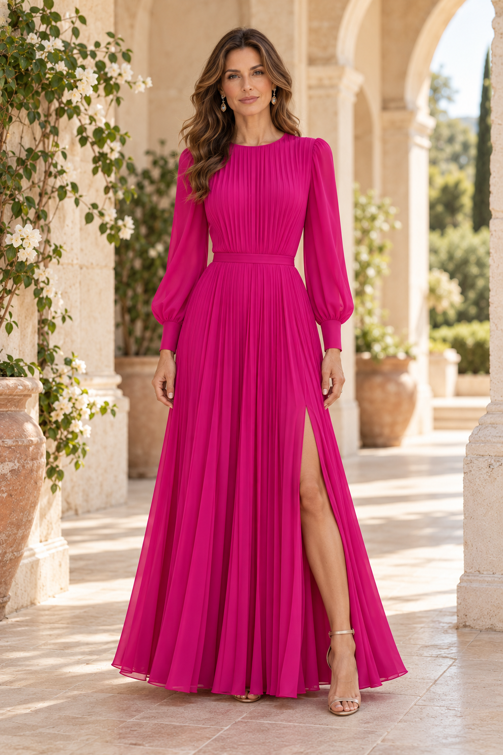 Pleated Long Sleeve A-Line Gown with Slit