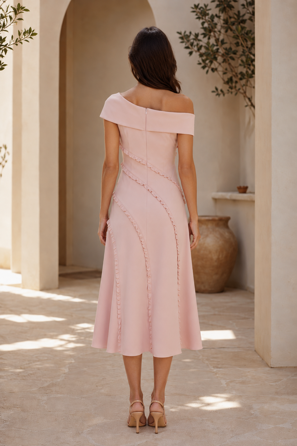 Off-the-Shoulder Midi Dress with Spiral Ruffle Trim