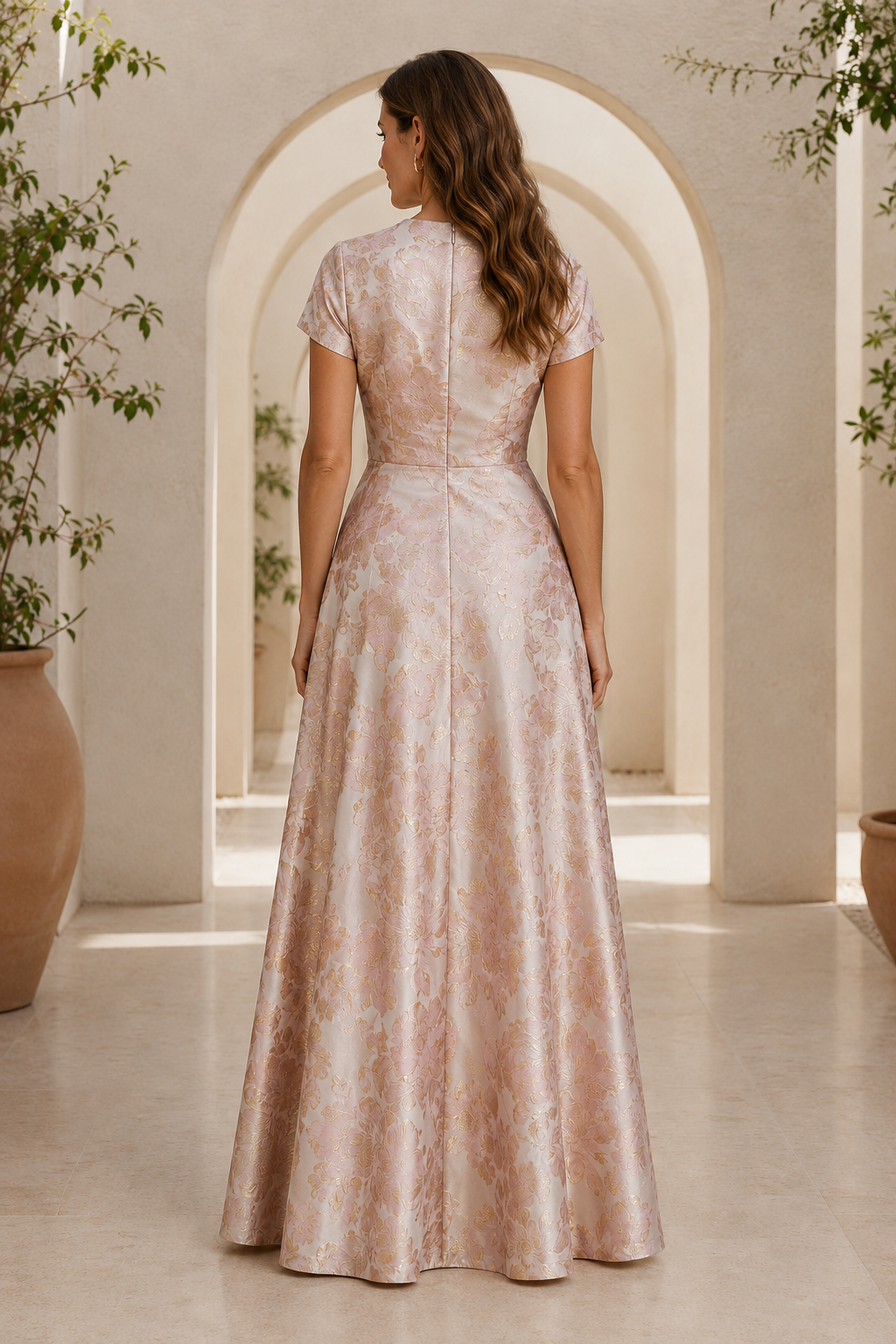 Floral Jacquard A-Line Gown with Wrap Bodice
