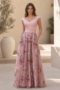 Off-the-Shoulder Floral A-Line Evening Gown with Pockets