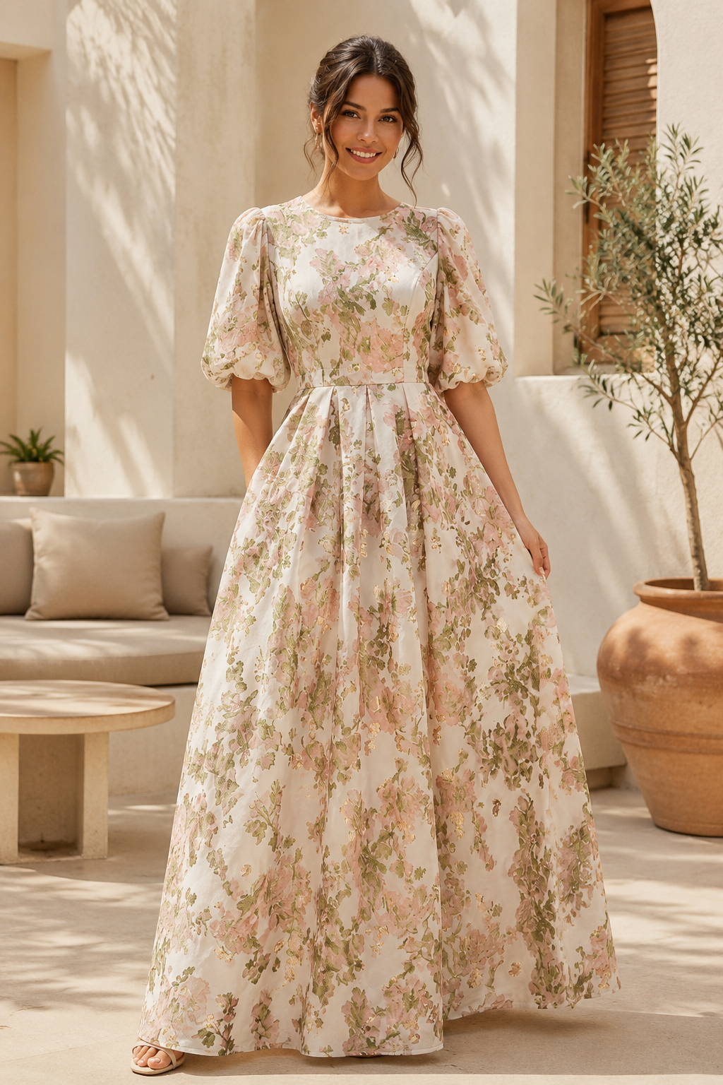 Floral Jacquard A-Line Maxi Dress with Elbow Sleeves