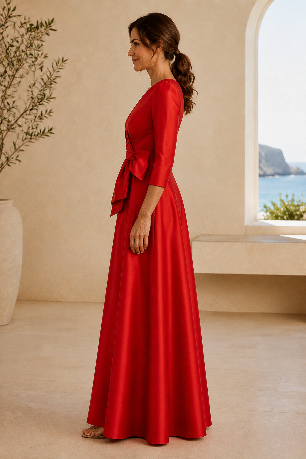 A-Line Satin Evening Gown with Bow Waist