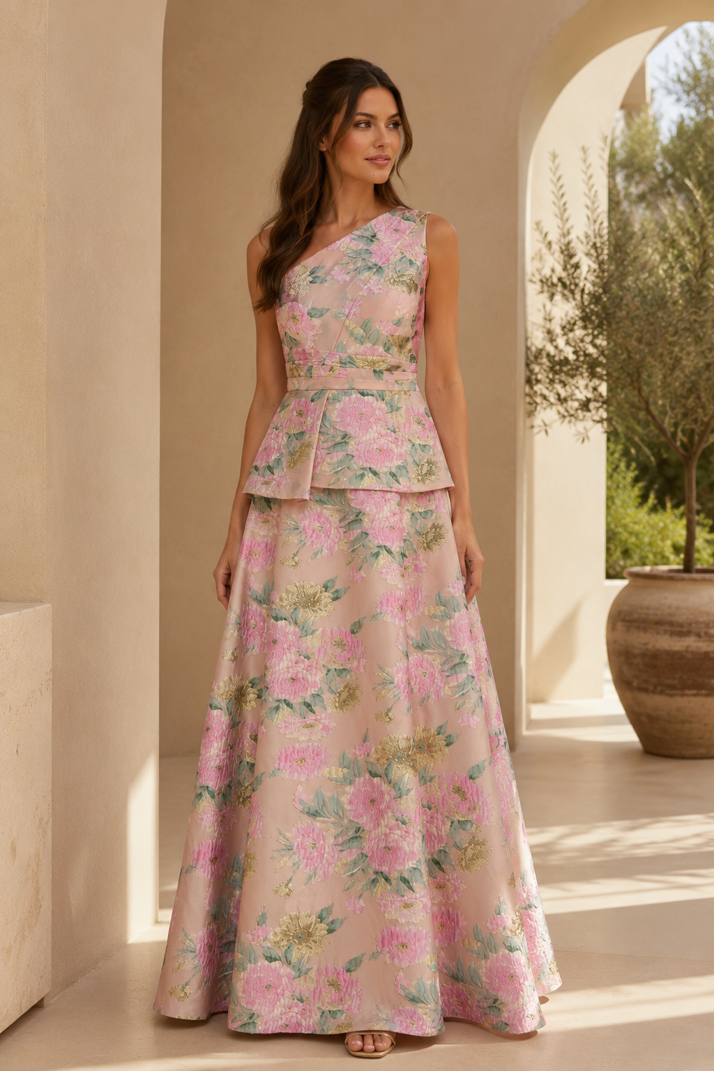 One Shoulder Floral Jacquard Peplum Gown