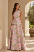 One Shoulder Floral Jacquard Peplum Gown