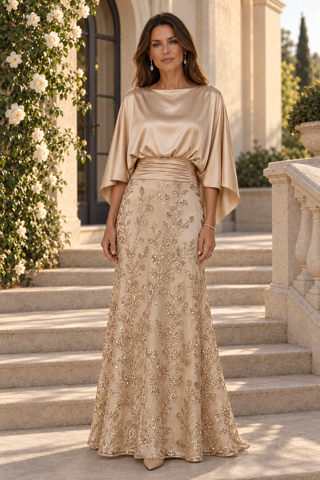 Satin Capelet Bodice Gown with Sequin Skirt
