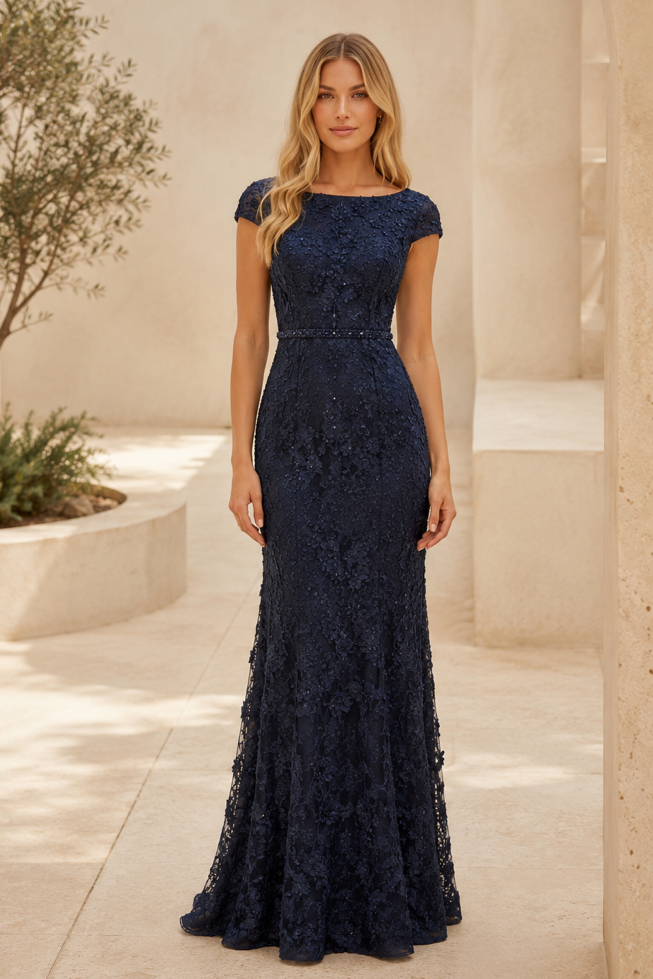 Floral Lace Cap Sleeve Mermaid Evening Gown