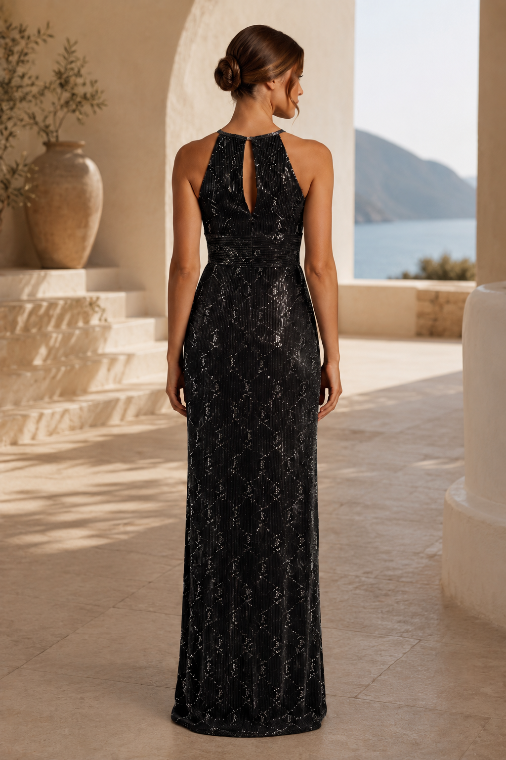 Sequin Halter Neck Sheath Gown with High Slit