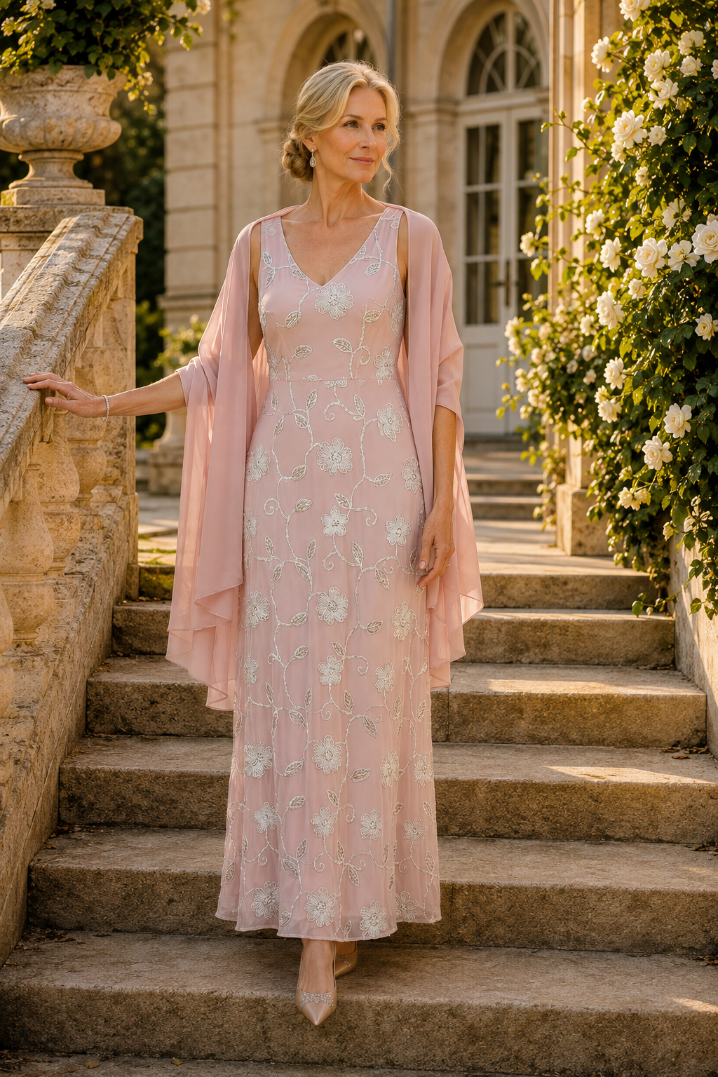 Floral Beaded Sleeveless Maxi Dress with Shawl