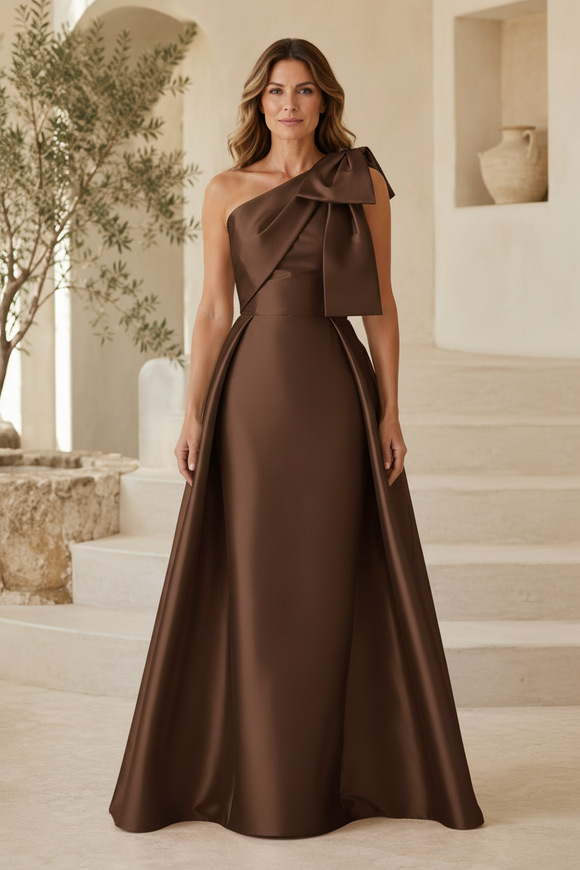 One-Shoulder Bow A-Line Satin Gown