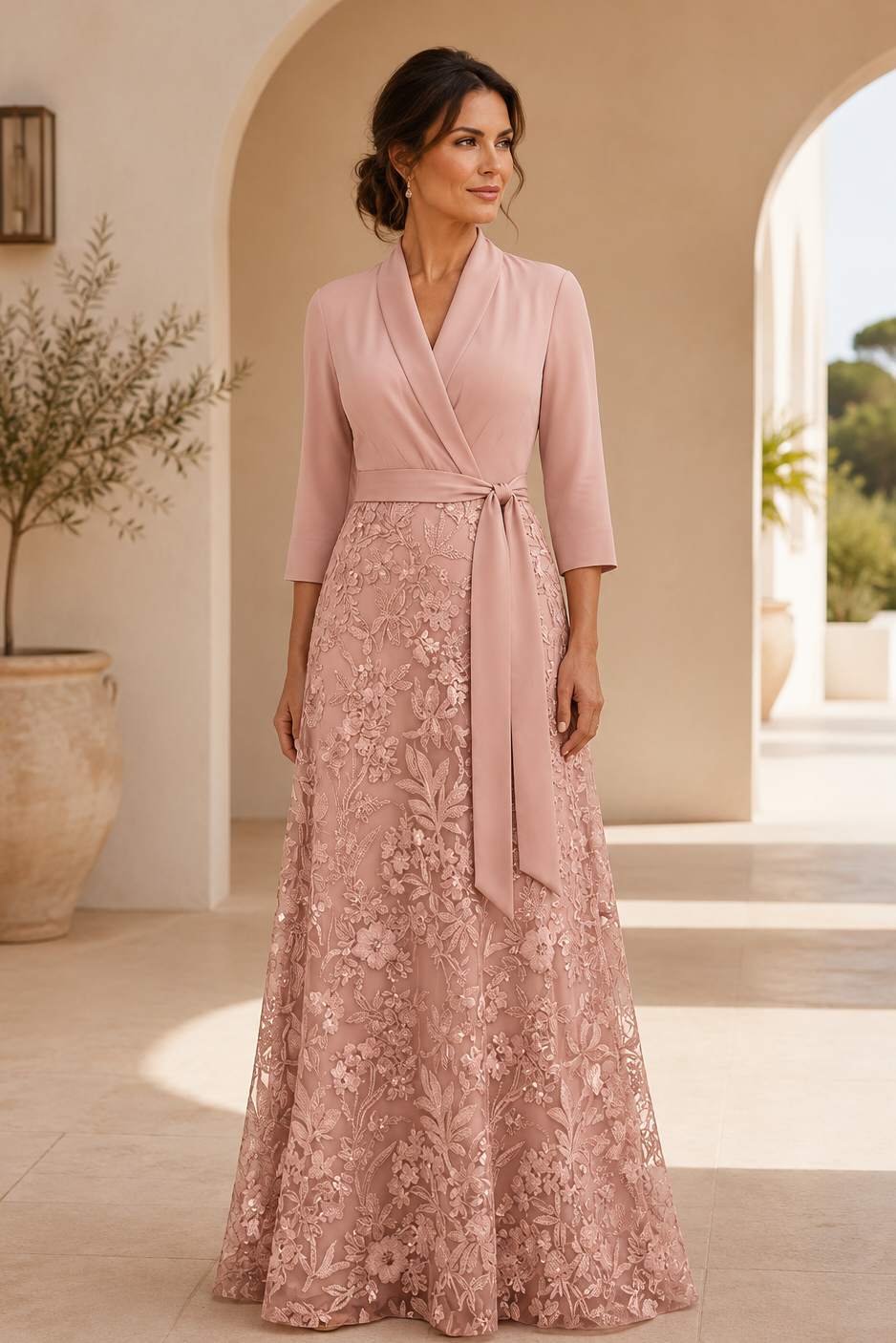 Wrap Bodice Lace A-Line Evening Gown