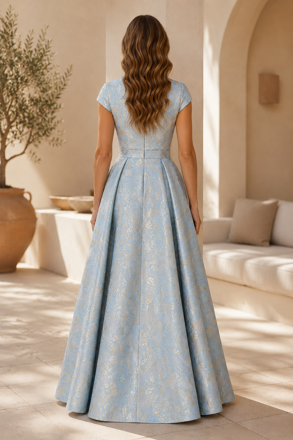 Cap Sleeve Jacquard A-Line Evening Gown