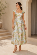 Floral Jacquard Square Neck Cap Sleeve Midi Dress