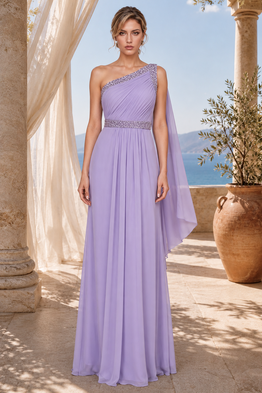 One-Shoulder Pleated Chiffon Gown with Shoulder Drape