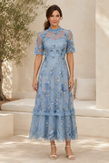 3D Floral Embroidered Illusion-Neck Tiered Midi Dress