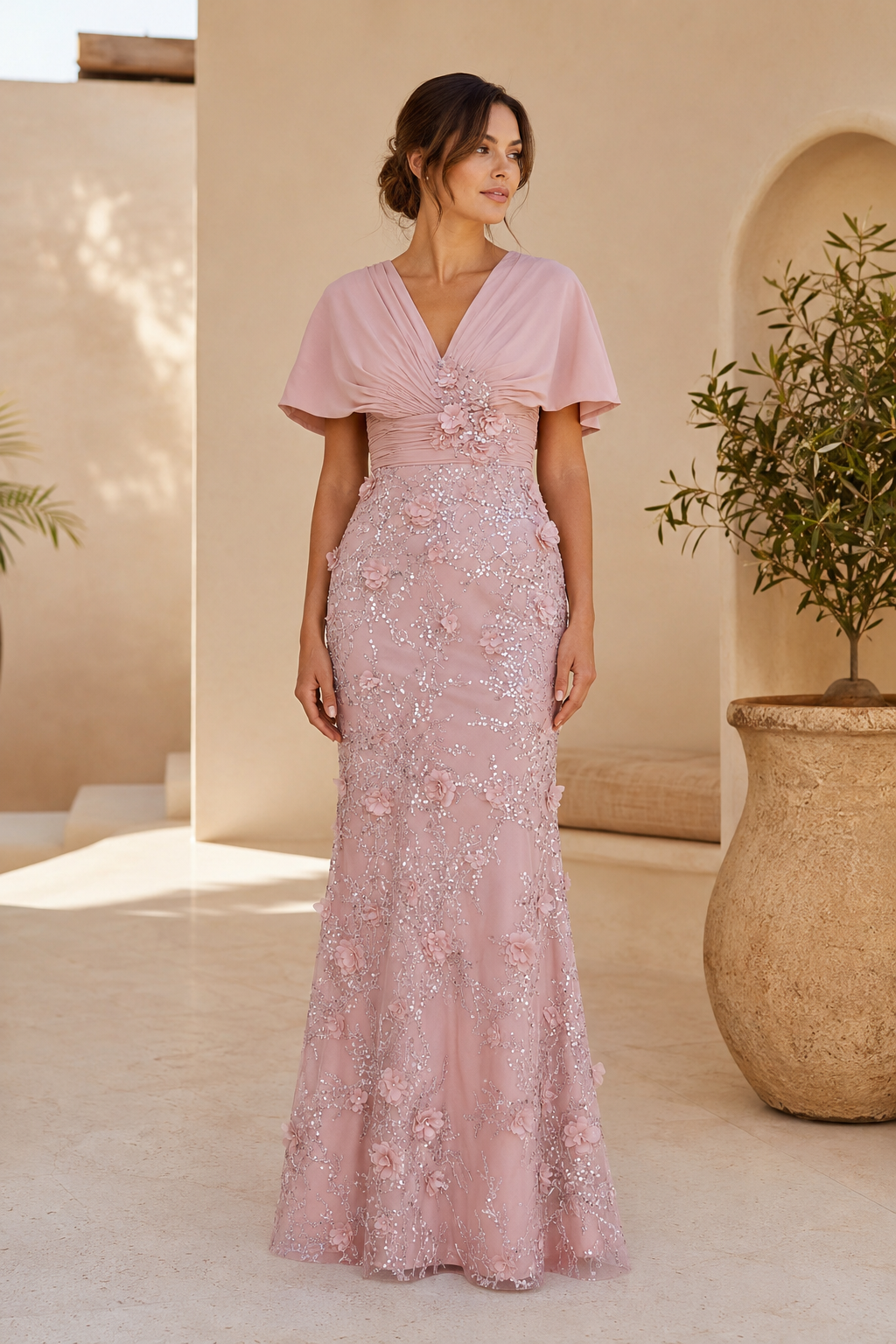 3D Floral Sequin Cape-Sleeve Evening Gown