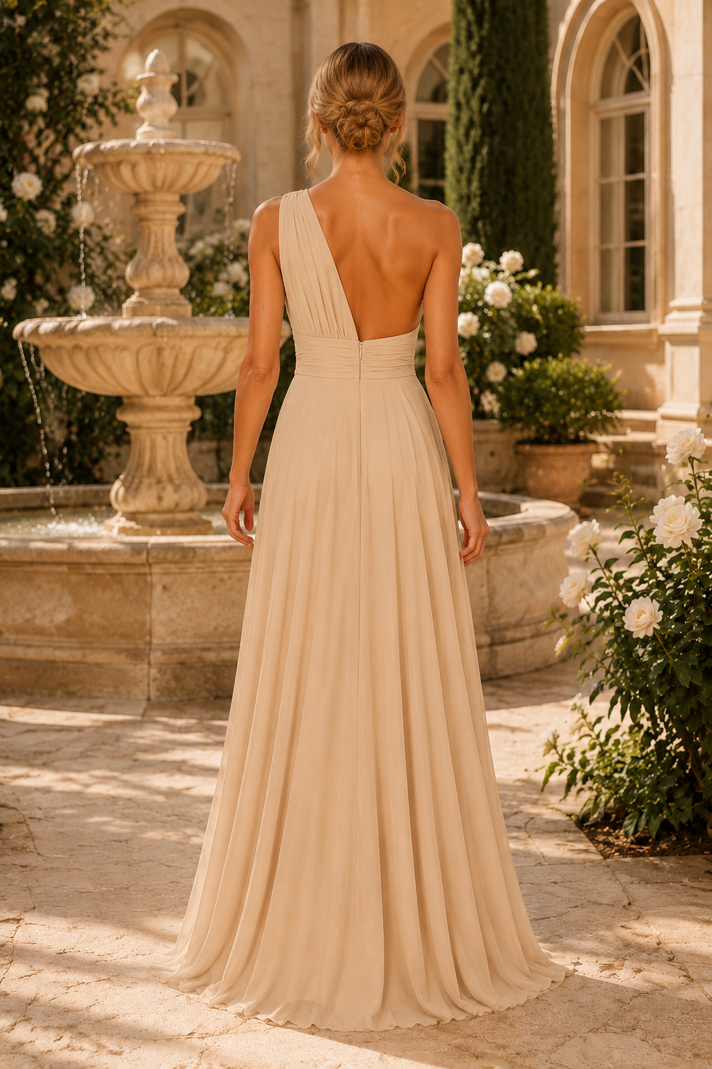 One-Shoulder Pleated Chiffon Maxi Dress
