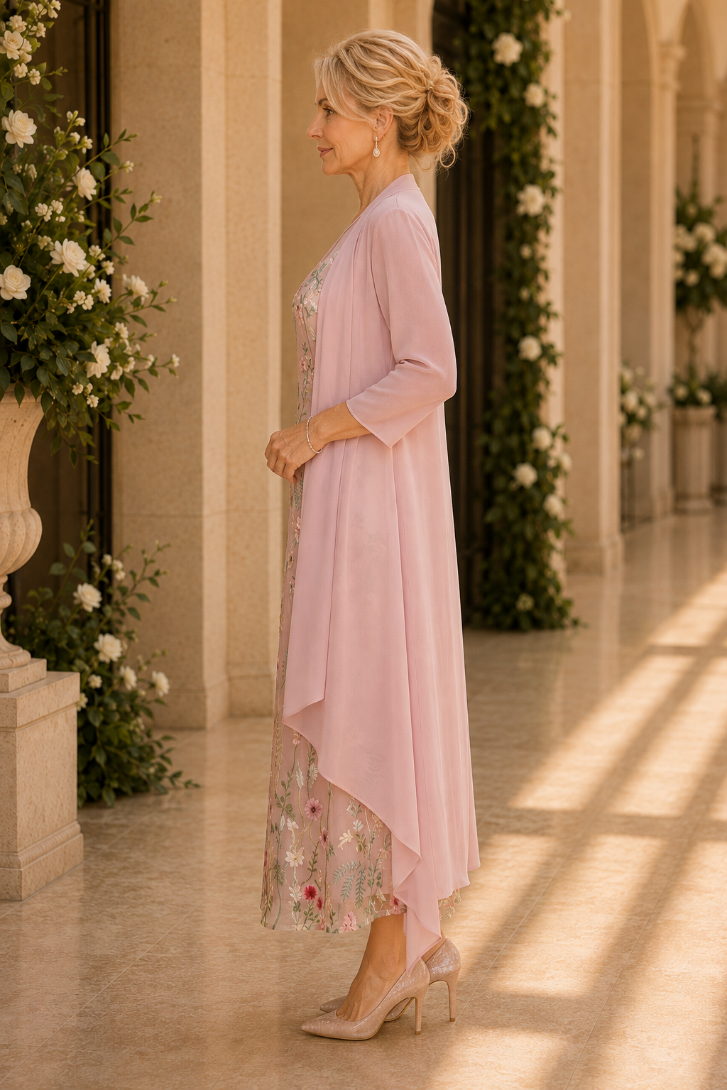 Floral Embroidered Midi Dress with Duster Jacket