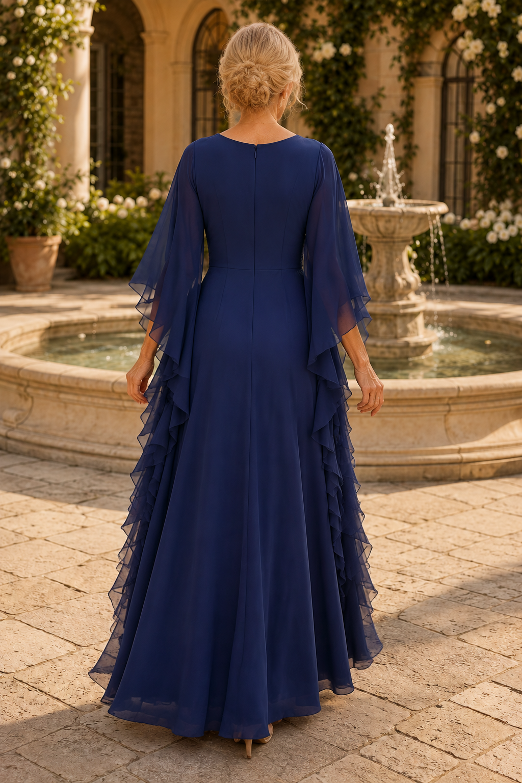 A-Line Chiffon Gown with Flutter Cape Sleeves