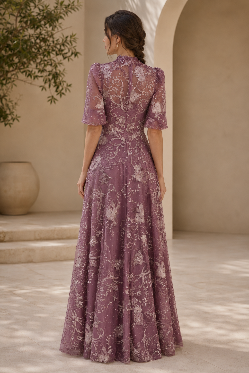 Floral Embroidered Illusion High Neck A-Line Gown