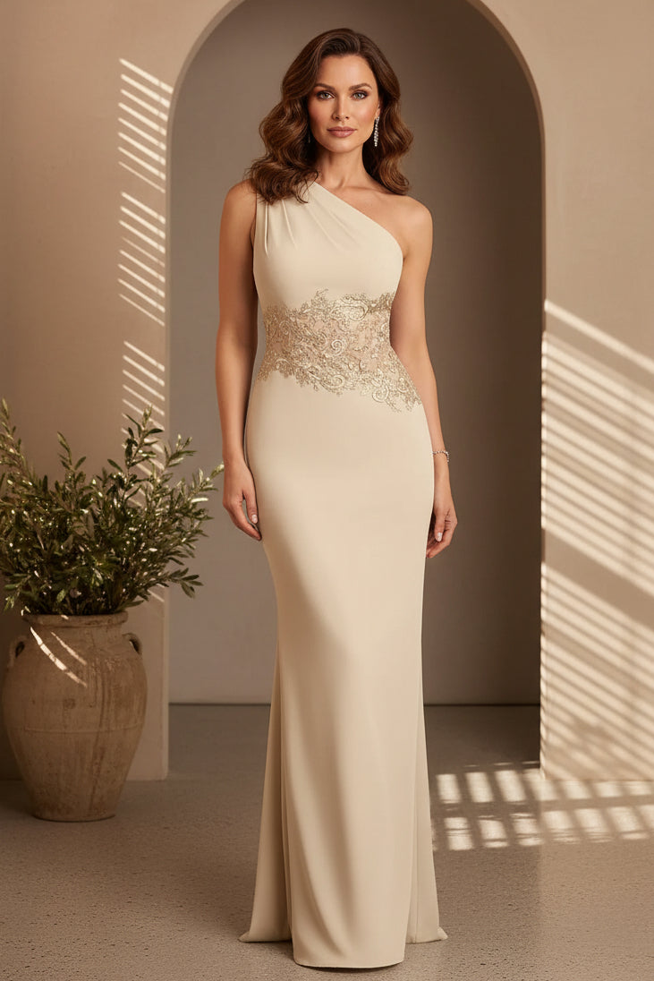 One-Shoulder Lace Waist Crepe Evening Gown