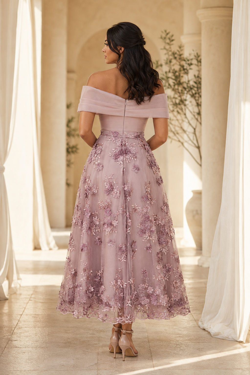 Off-the-Shoulder Floral Embroidered Tea-Length Dress