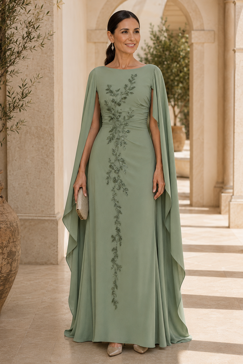 Embroidered Cape Sleeve Floor-Length Evening Gown