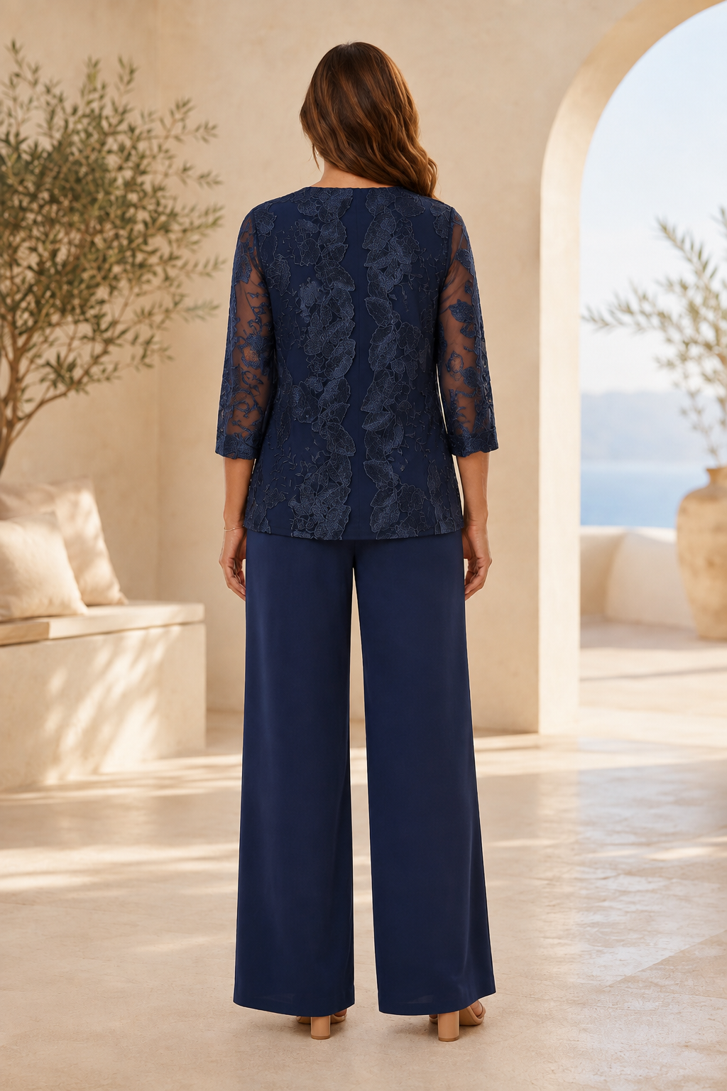 Lace Appliqué Jacket & Wide-Leg Pants Pantsuit Set