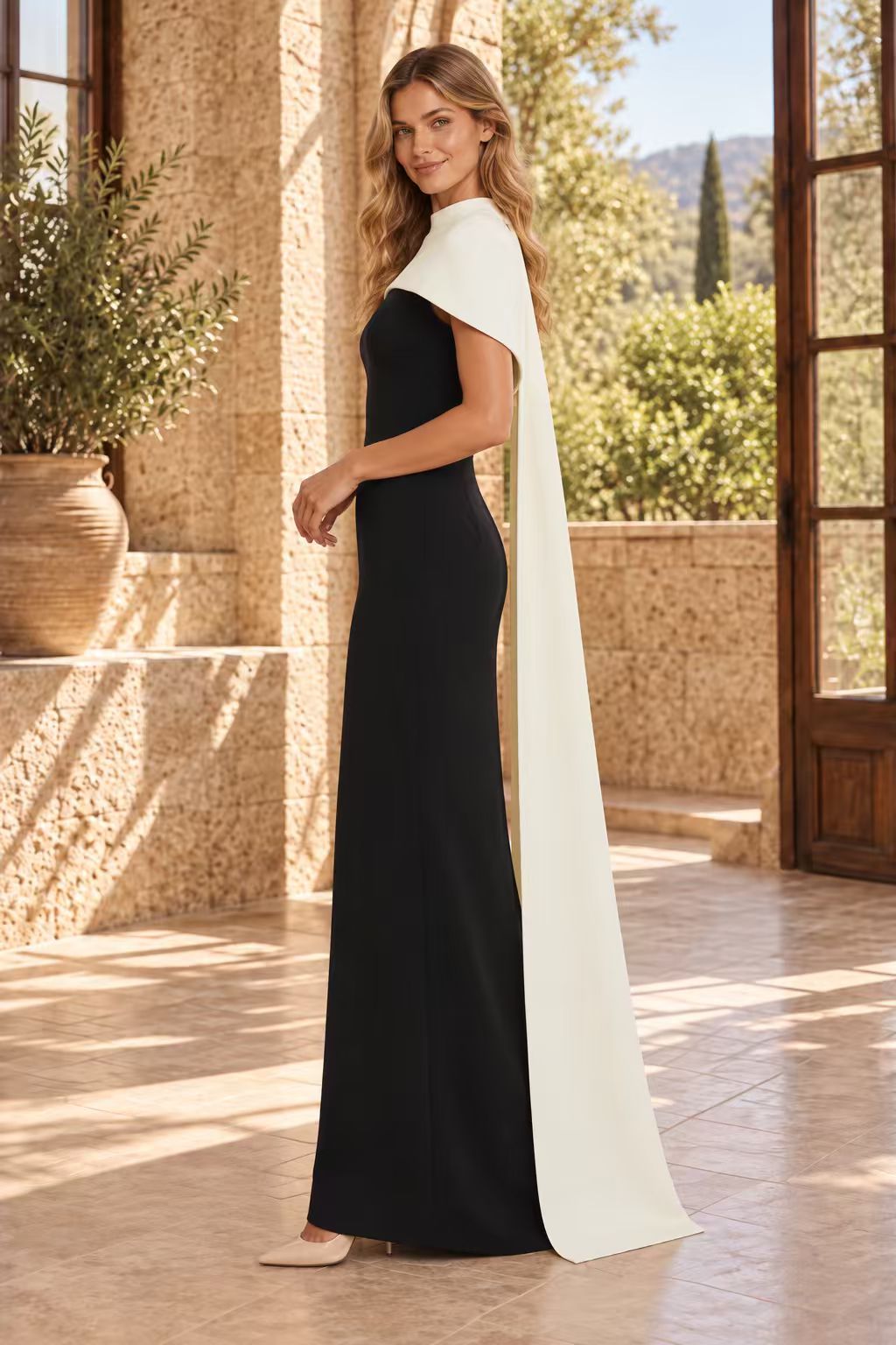 High Neck Cape Overlay Column Evening Gown