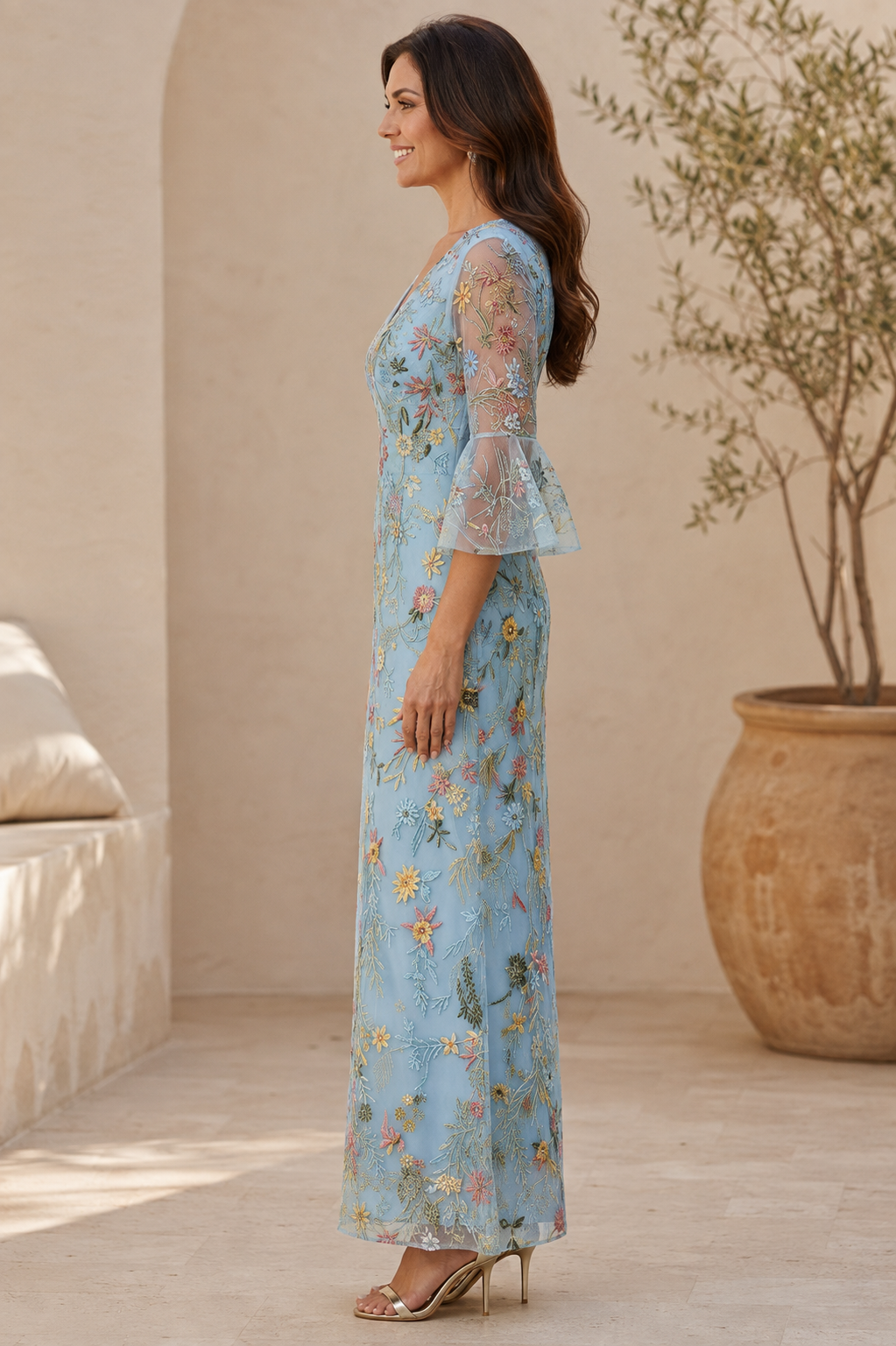 Floral Embroidered Mesh Gown with Bell Sleeves