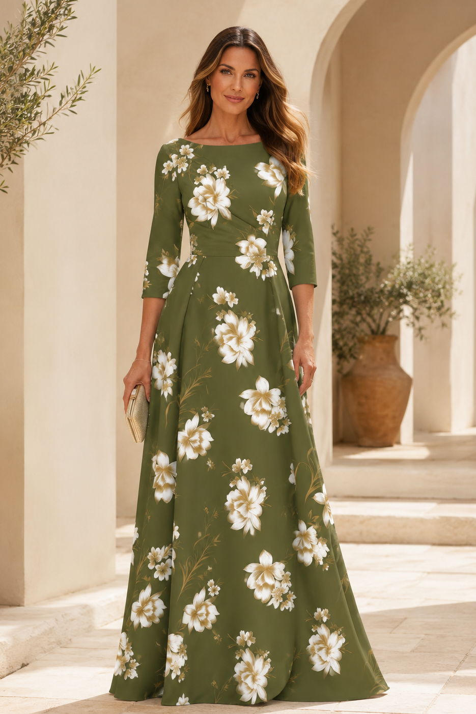 Floral Bateau Neck A-Line Evening Dress