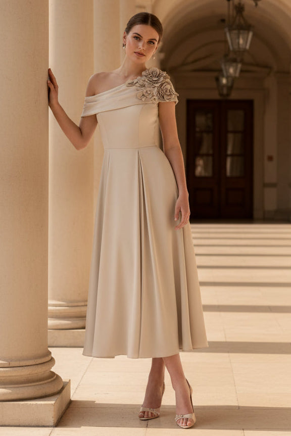 Elegant One Shoulder A-Line Midi Dress with 3D Flowers