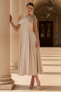 Elegant One Shoulder A-Line Midi Dress with 3D Flowers