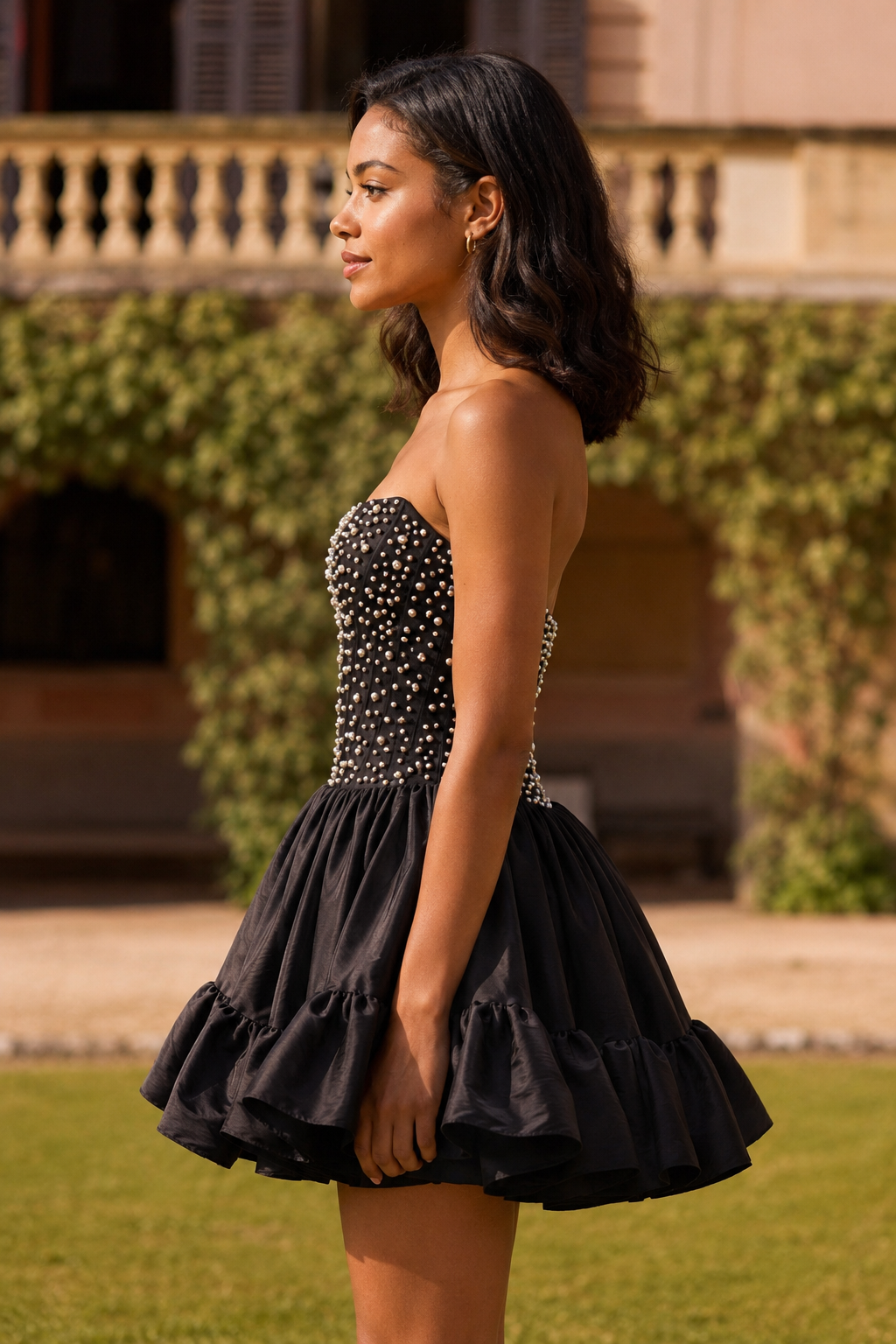 Strapless Pearl Corset Mini Dress with Ruffled Skirt