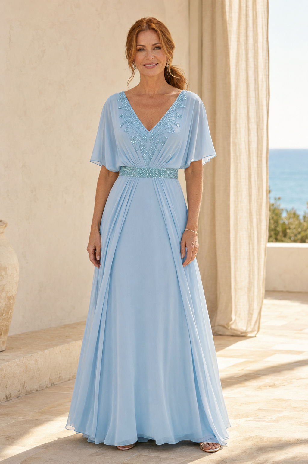 Beaded V-Neck Chiffon Gown with Flutter Sleeves