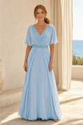 Beaded V-Neck Chiffon Gown with Flutter Sleeves