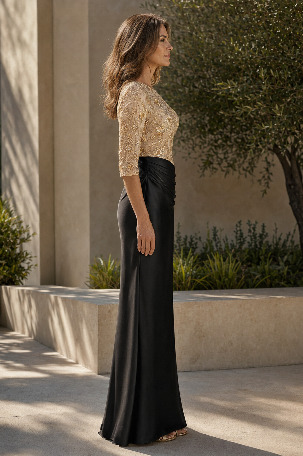 Embroidered Bodice 3/4 Sleeve Column Evening Gown
