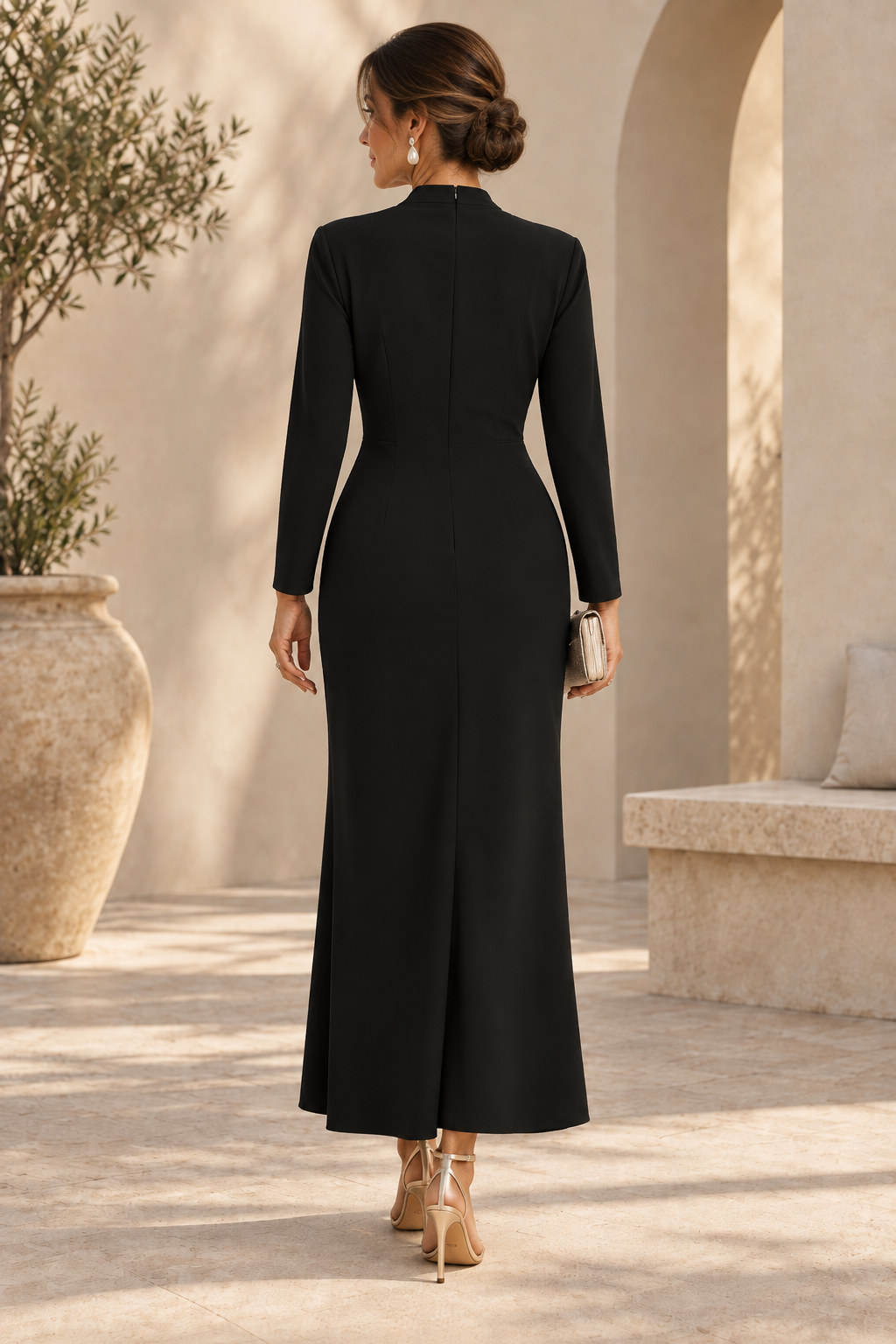 Long Sleeve V-Neck Cascade Ruffle Evening Dress