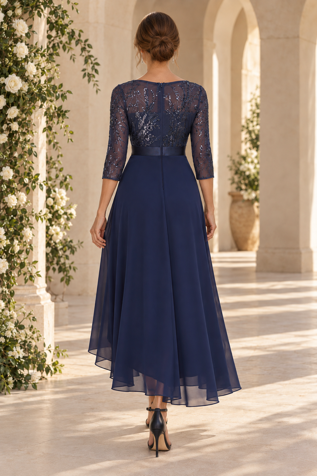 Sequin Illusion Bodice High-Low A-Line Dress