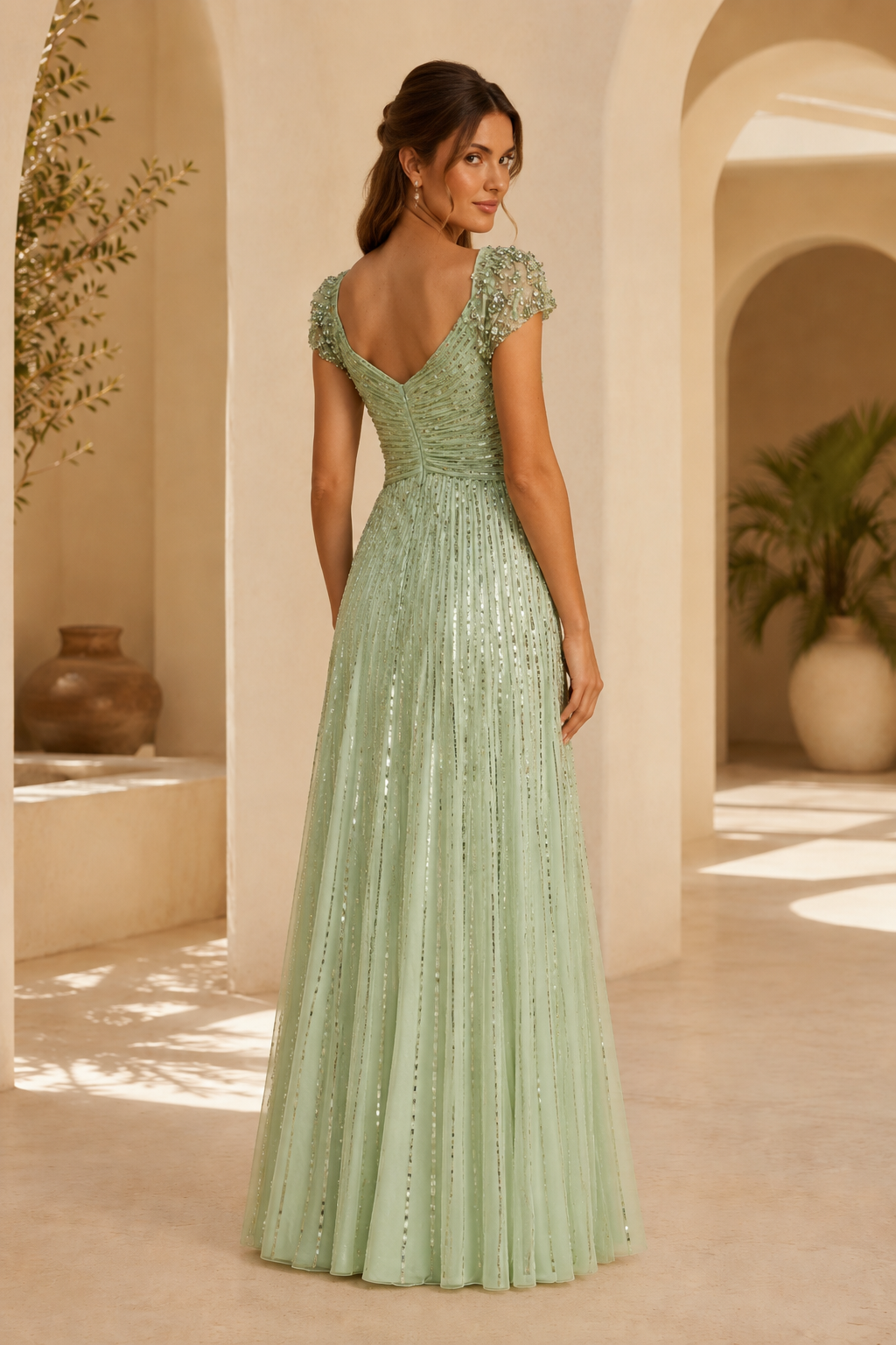 Sequin A-Line Evening Gown with Beaded Cap Sleeves