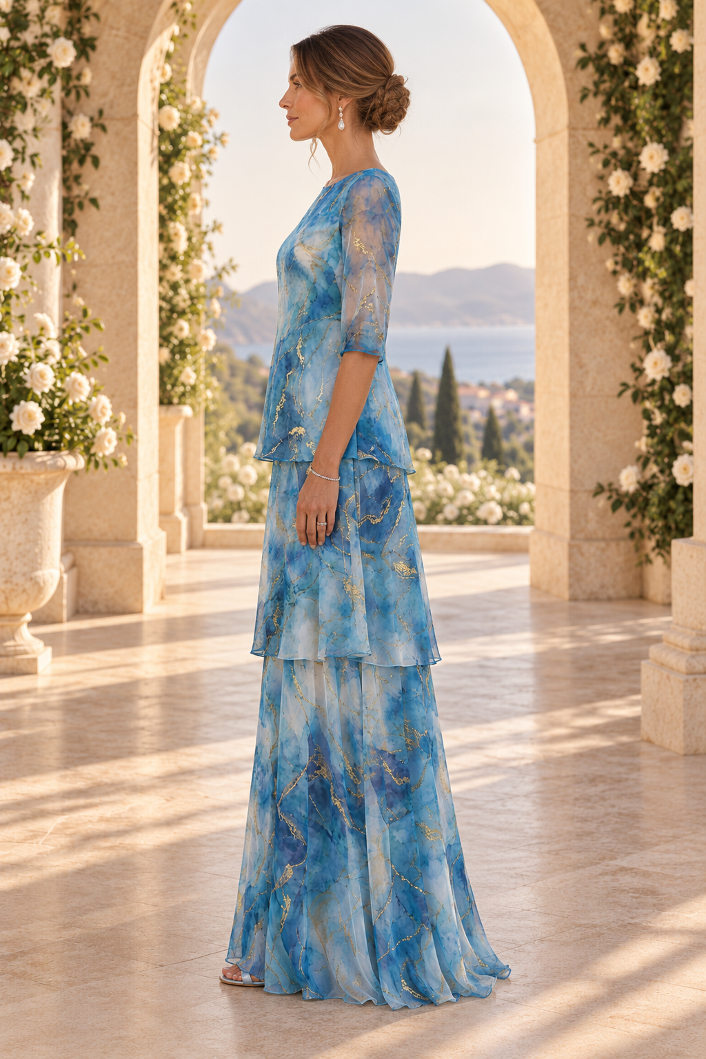 Tiered Marble-Print Gown with Elbow Sleeves