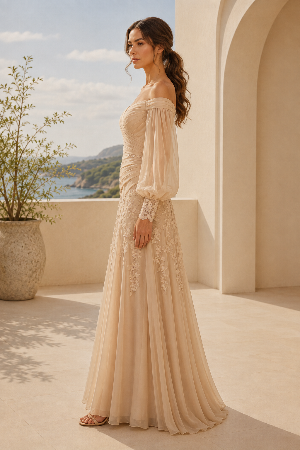 Off-the-Shoulder Ruched Gown with Bishop Sleeves