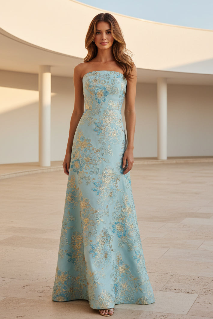 Strapless Floral Jacquard A-Line Gown