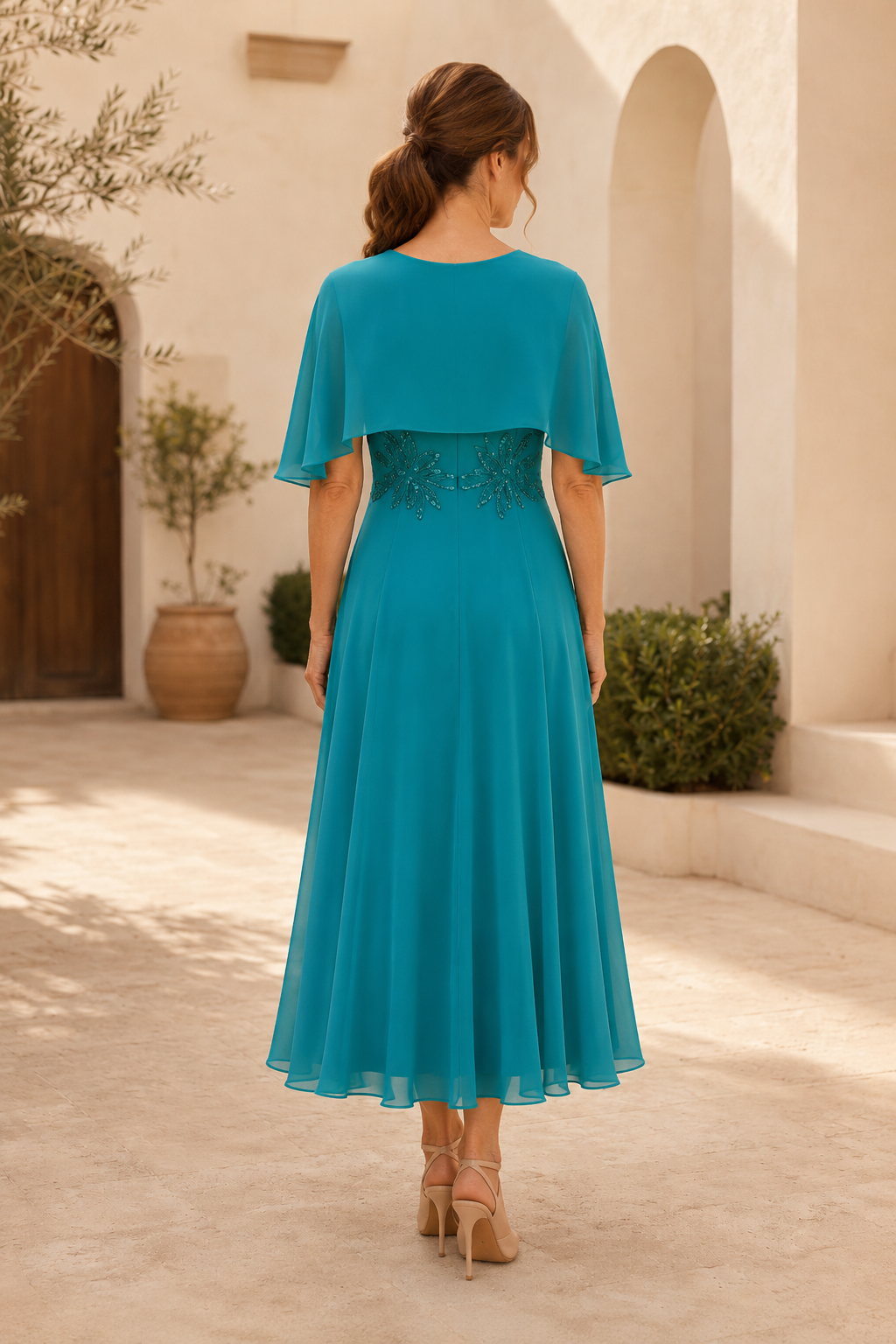 A-Line Chiffon Cape Midi Dress with Beaded Waist