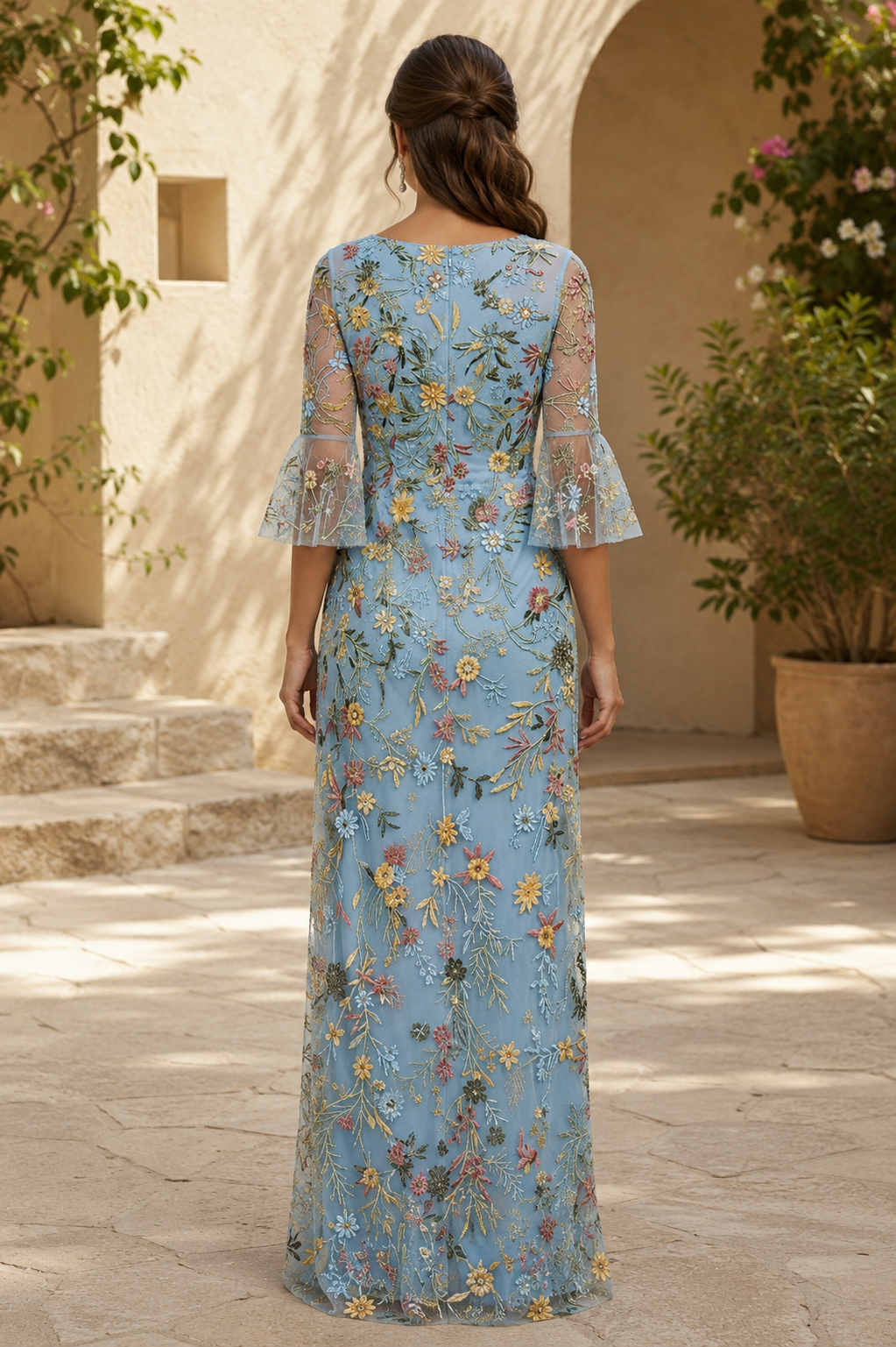 Floral Embroidered Mesh Gown with Bell Sleeves