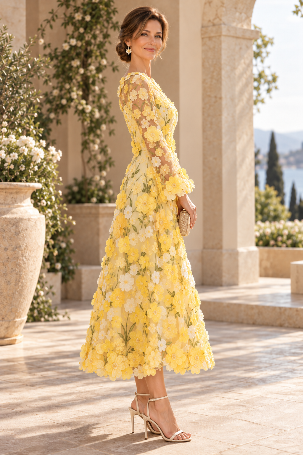 3D Floral Applique Illusion Long Sleeve A-Line Dress