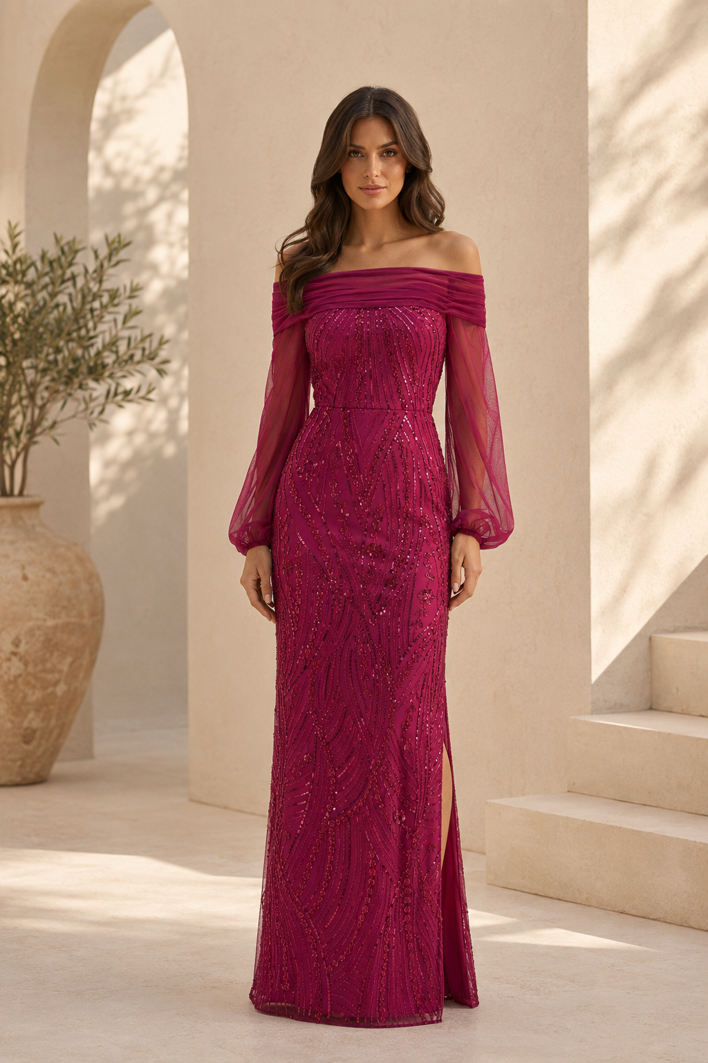 Off-Shoulder Sequin Sheath Gown with Sheer Long Sleeves